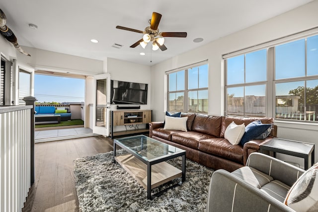5495 Ashby Grove St, Dallas, TX 75209 - living area with a ceiling fan, wood-type flooring, and recessed lighting