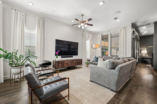 5495 Ashby Grove St, Dallas, TX 75209 - living room featuring hardwood / wood-style floors, a ceiling fan, healthy amount of natural light, and recessed lighting