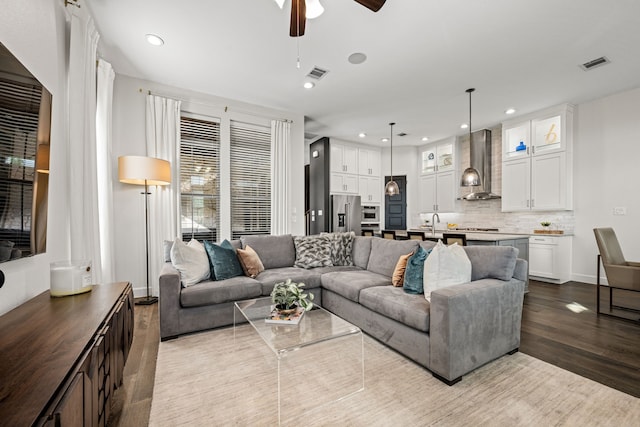 5495 Ashby Grove St, Dallas, TX 75209 - living room with ceiling fan, dark wood finished floors, and recessed lighting