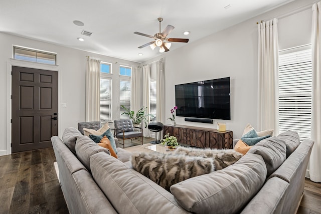 5495 Ashby Grove St, Dallas, TX 75209 - living area with ceiling fan, dark wood-style flooring, and recessed lighting