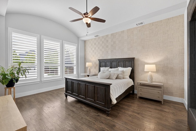 3387 Bellcrest Way, Celina, TX 75009 - bedroom with dark wood-style flooring, vaulted ceiling, ceiling fan, and wallpapered walls