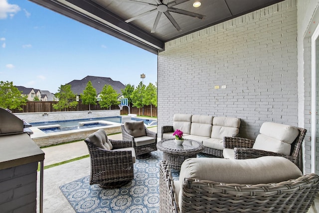 3387 Bellcrest Way, Celina, TX 75009 - fenced backyard featuring a ceiling fan, an in-ground hot tub, outdoor lounge area, and a patio