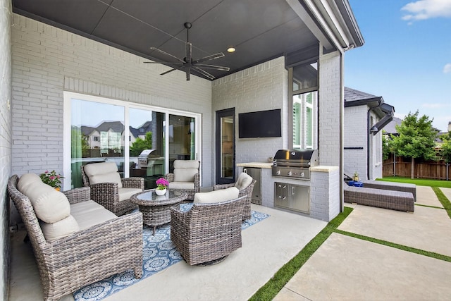 3387 Bellcrest Way, Celina, TX 75009 - view of patio with exterior kitchen, ceiling fan, and outdoor lounge area