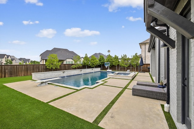 3387 Bellcrest Way, Celina, TX 75009 - view of swimming pool featuring a patio area, a fenced backyard, a residential view, and a pool with connected hot tub