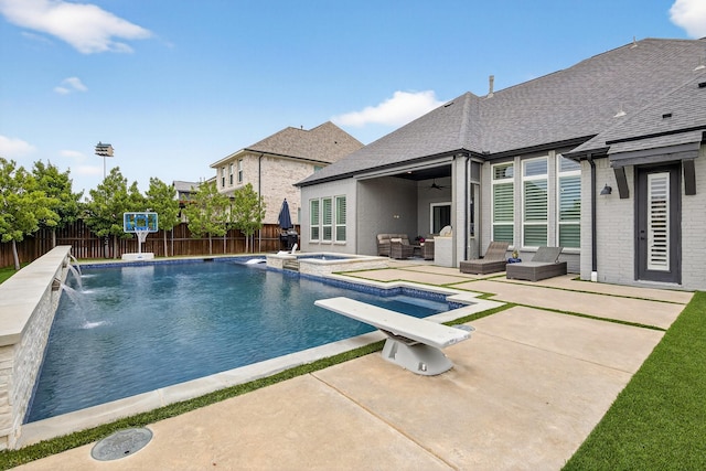 3387 Bellcrest Way, Celina, TX 75009 - view of pool featuring an outdoor living space, ceiling fan, a fenced backyard, a patio, and a pool with connected hot tub