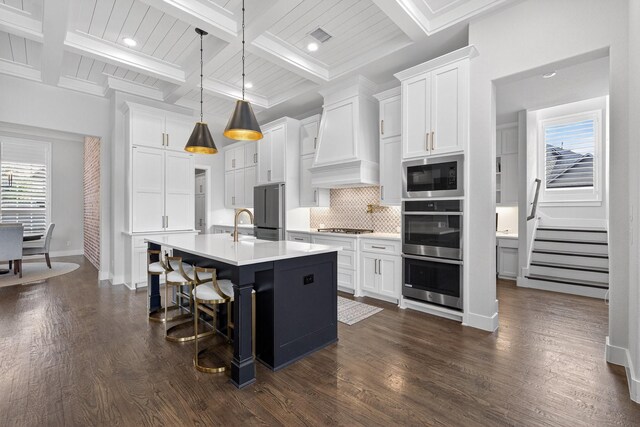 3387 Bellcrest Way, Celina, TX 75009 - kitchen featuring stainless steel appliances, coffered ceiling, backsplash, dark wood finished floors, and light countertops