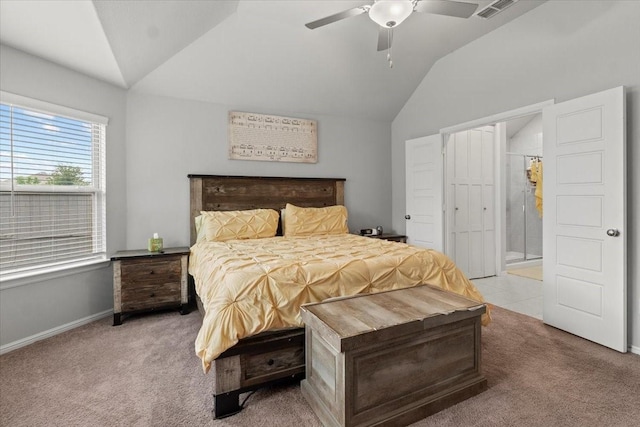 7118 Pampas Pl, Grand Prairie, TX 76804 - carpeted bedroom featuring vaulted ceiling, a ceiling fan, and connected bathroom