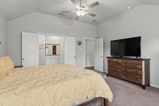 7118 Pampas Pl, Grand Prairie, TX 76804 - bedroom featuring vaulted ceiling, carpet floors, ensuite bathroom, and ceiling fan