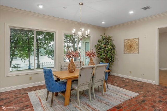 1078 Waters Edge Cir, Shreveport, LA 71106 - dining room featuring brick flooring, a chandelier, ornamental molding, and recessed lighting