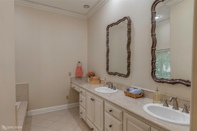 1078 Waters Edge Cir, Shreveport, LA 71106 - bathroom with double vanity, tile patterned floors, crown molding, and a tub to relax in