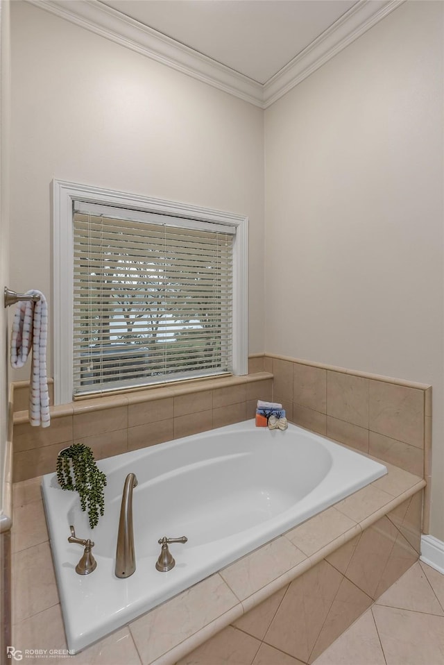 1078 Waters Edge Cir, Shreveport, LA 71106 - bathroom featuring a garden tub, crown molding, and tile patterned flooring