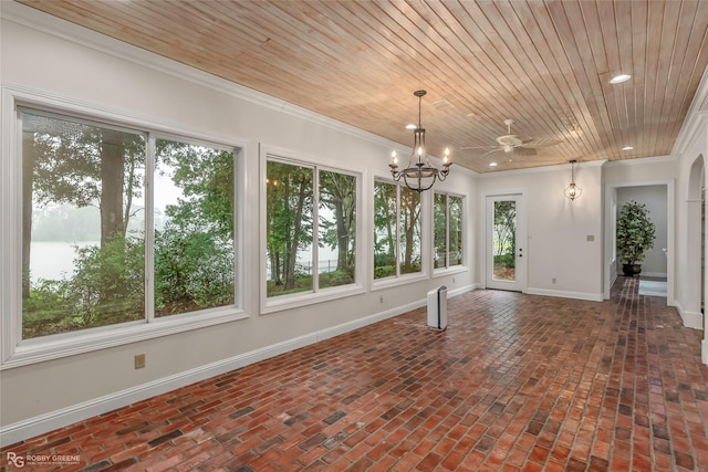 1078 Waters Edge Cir, Shreveport, LA 71106 - unfurnished sunroom with plenty of natural light, brick flooring, crown molding, wooden ceiling, and a chandelier