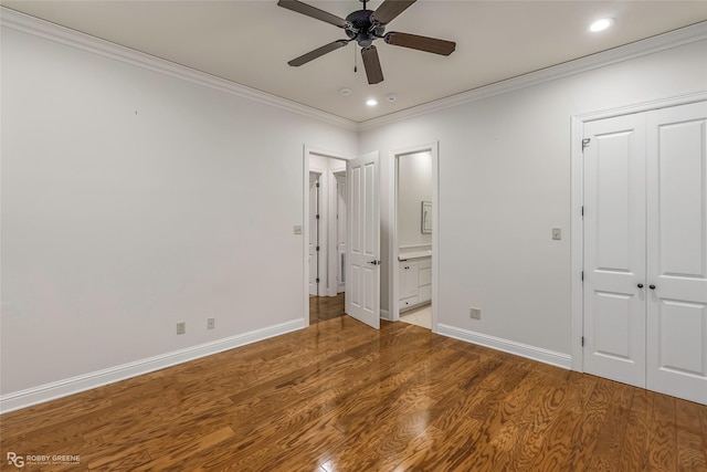 1078 Waters Edge Cir, Shreveport, LA 71106 - unfurnished bedroom with ornamental molding, wood finished floors, recessed lighting, ensuite bathroom, and a closet