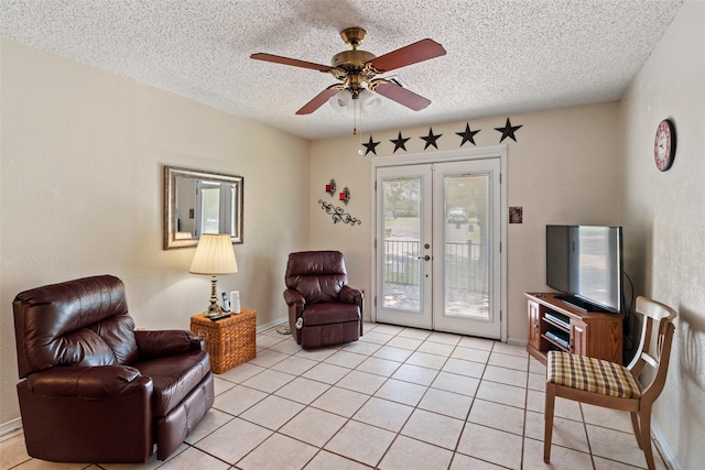 3503 Red Bud Dr, Weatherford, TX 76087 - sitting room with french doors, ceiling fan, a textured ceiling, and light tile patterned flooring