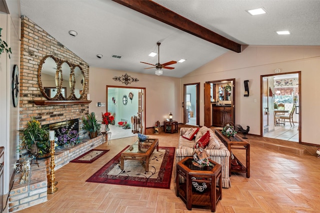 3503 Red Bud Dr, Weatherford, TX 76087 - living room with a fireplace, ceiling fan, and a textured ceiling