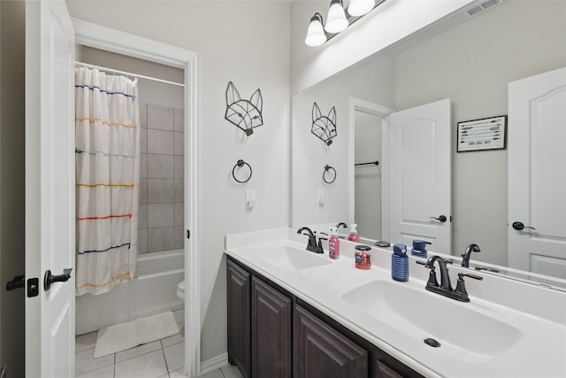 1328 Mission St, Aubrey, TX 76227 - full bath featuring double vanity, tile patterned flooring, and shower / bathtub combination with curtain