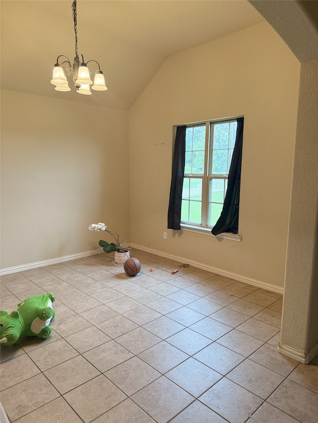 124 Brady Coleman Ln, Springtown, TX 76082 - unfurnished room featuring light tile patterned floors, vaulted ceiling, and a chandelier
