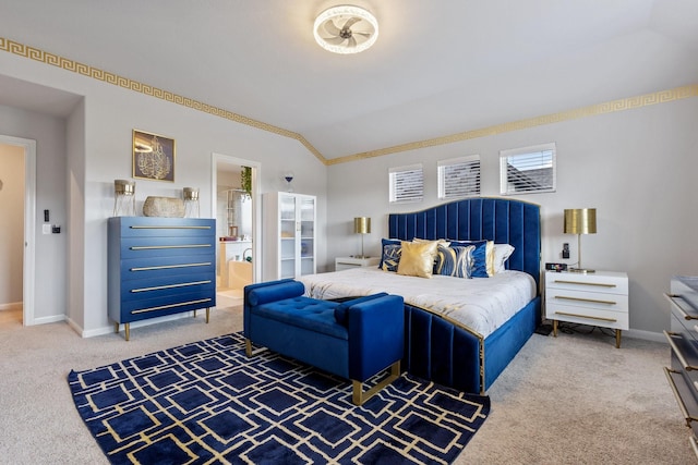 521 Bermuda Ave, Lancaster, TX 75146 - bedroom featuring carpet floors, lofted ceiling, ornamental molding, and connected bathroom