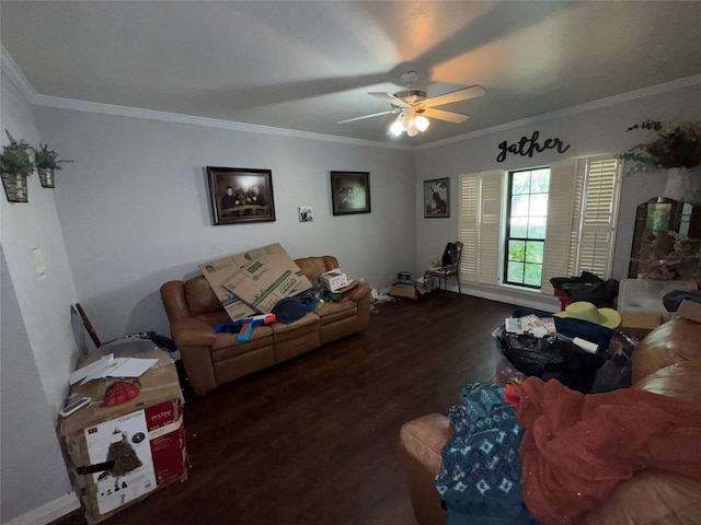 2720 Dorothy Dr, Keene, TX 76031 - living room featuring wood finished floors, a ceiling fan, and crown molding