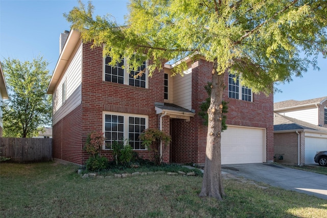 1565 Laurel Hall Ln, Little Elm, TX 75068 - traditional home with a garage, brick siding, concrete driveway, and a chimney