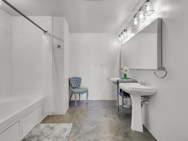 1122 Jackson St Unit 1103, Dallas, TX 75202 - full bathroom featuring concrete floors and shower / bathtub combination with curtain