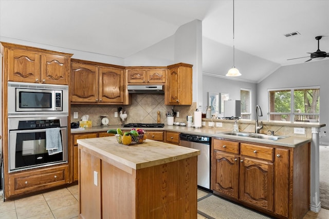 1365 Clear Meadow Ct, Rockwall, TX 75087 - kitchen with appliances with stainless steel finishes, vaulted ceiling, a peninsula, butcher block countertops, and under cabinet range hood