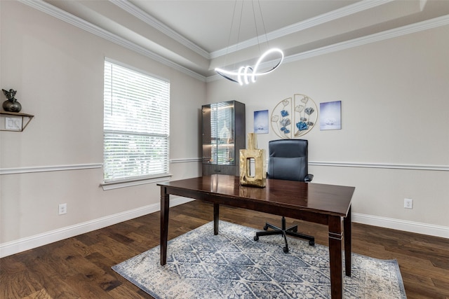751 Devonshire Ct, Prosper, TX 75078 - office with ornamental molding, wood finished floors, a chandelier, and a raised ceiling