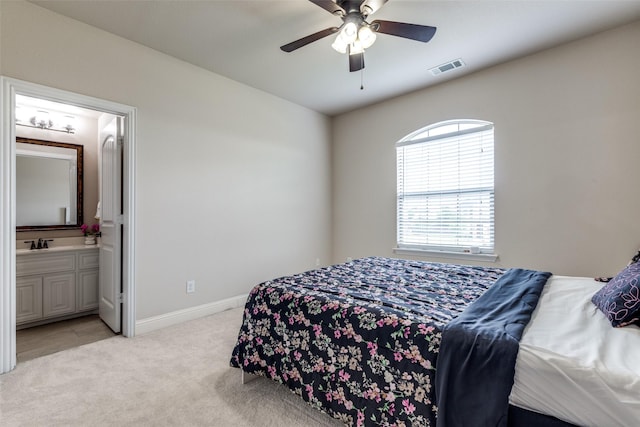 751 Devonshire Ct, Prosper, TX 75078 - bedroom with light colored carpet, connected bathroom, and ceiling fan