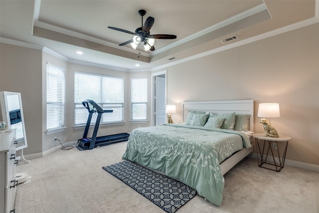 751 Devonshire Ct, Prosper, TX 75078 - carpeted bedroom featuring a tray ceiling, crown molding, and ceiling fan