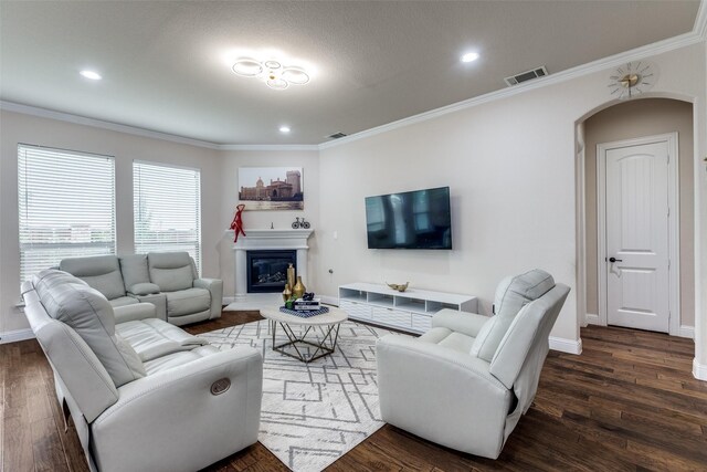 751 Devonshire Ct, Prosper, TX 75078 - living room with dark wood-type flooring, arched walkways, crown molding, a glass covered fireplace, and recessed lighting