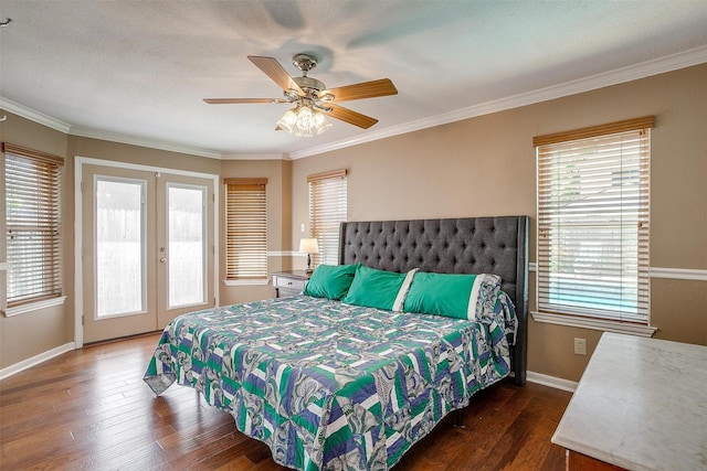 609 Huntington Ct, Grapevine, TX 76051 - bedroom with french doors, wood finished floors, access to outside, ornamental molding, and ceiling fan