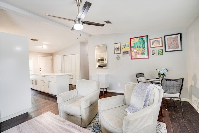 5712 Hudson St, Dallas, TX 75206 - living room with a ceiling fan and dark wood finished floors