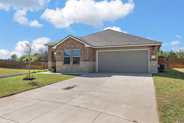7209 Guadalupe Rd, China Spring, TX 76633 - ranch-style home with brick siding, driveway, roof with shingles, a garage, and stone siding