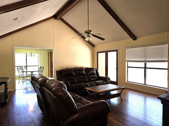 170 N Meadowbrook Dr, Pottsboro, TX 75076 - living area with healthy amount of natural light, dark wood finished floors, beam ceiling, ceiling fan, and high vaulted ceiling