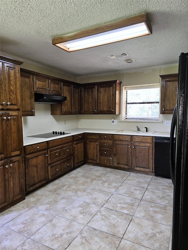 170 N Meadowbrook Dr, Pottsboro, TX 75076 - kitchen featuring black appliances, a textured ceiling, under cabinet range hood, light countertops, and dark brown cabinets