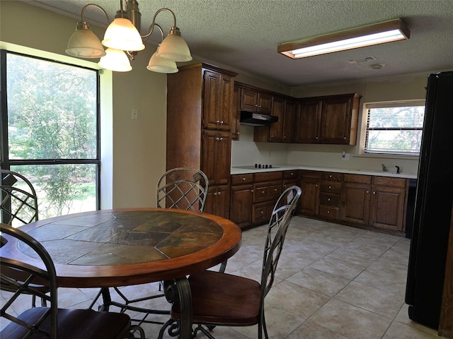 170 N Meadowbrook Dr, Pottsboro, TX 75076 - kitchen with black appliances, under cabinet range hood, a textured ceiling, light tile patterned floors, and light countertops