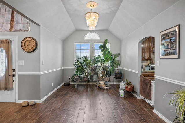 TBD Cleburne Highway, Granbury, TX 76049 - entryway featuring wood finished floors, arched walkways, a chandelier, and vaulted ceiling