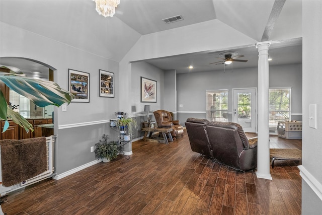 TBD Cleburne Highway, Granbury, TX 76049 - living room featuring ornate columns, a ceiling fan, wood finished floors, and lofted ceiling