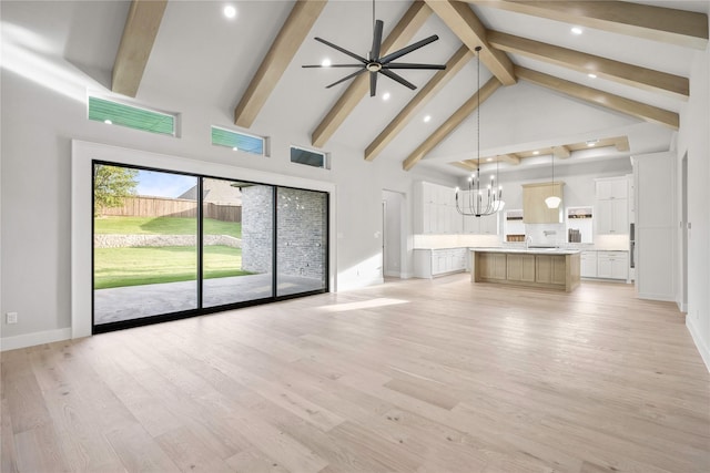 232 Bel Grand Rd, Haslet, TX 76052 - unfurnished living room featuring a chandelier, beam ceiling, recessed lighting, a ceiling fan, and high vaulted ceiling
