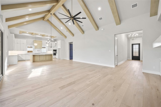 232 Bel Grand Rd, Haslet, TX 76052 - unfurnished living room with a chandelier, beamed ceiling, recessed lighting, light wood-type flooring, and high vaulted ceiling