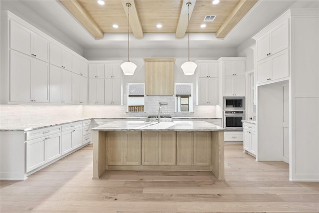 232 Bel Grand Rd, Haslet, TX 76052 - kitchen with stainless steel appliances, a wooden ceiling with exposed beams, decorative backsplash, a kitchen island with sink, and light wood-style floors