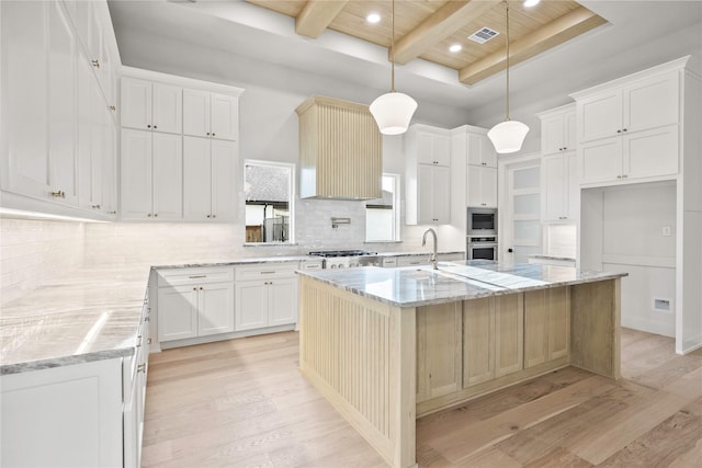 232 Bel Grand Rd, Haslet, TX 76052 - kitchen featuring a wooden ceiling with exposed beams, light wood-style floors, tasteful backsplash, appliances with stainless steel finishes, and recessed lighting