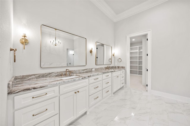 232 Bel Grand Rd, Haslet, TX 76052 - full bathroom with crown molding, double vanity, a chandelier, marble look tiles, and a walk in closet