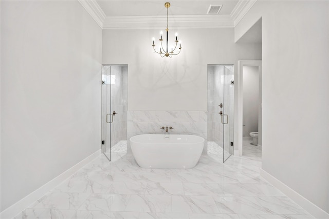 232 Bel Grand Rd, Haslet, TX 76052 - full bath with ornamental molding, a freestanding bath, a chandelier, marble finish floors, and a shower stall