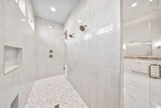 232 Bel Grand Rd, Haslet, TX 76052 - bathroom featuring a walk in shower, vanity, ornamental molding, and recessed lighting