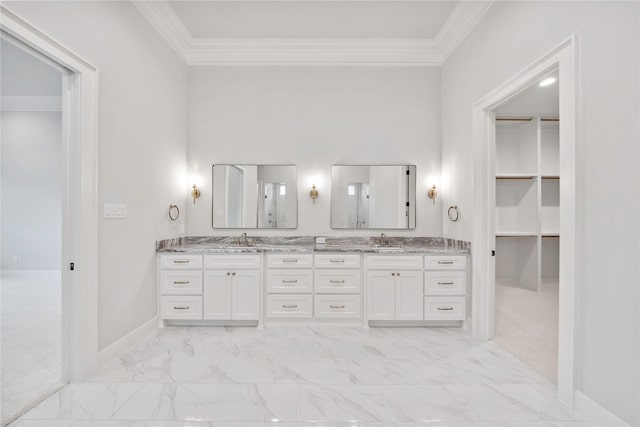 232 Bel Grand Rd, Haslet, TX 76052 - full bathroom with double vanity, ornamental molding, marble look tiles, and a spacious closet