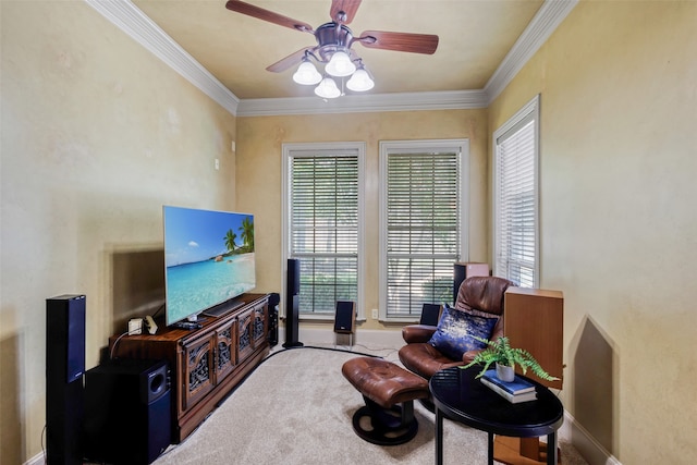 5101 Oak Timbers Ct, Colleyville, TX 76034 - living area with ceiling fan, healthy amount of natural light, carpet, and ornamental molding