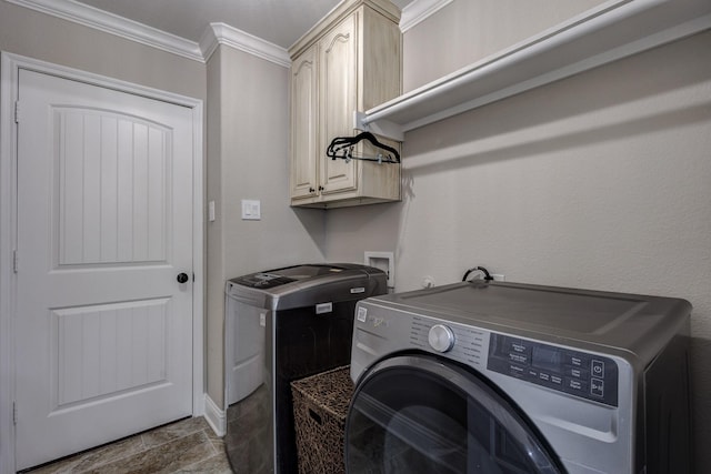 785 Crockett Dr, Lavon, TX 75166 - laundry area with ornamental molding, cabinet space, separate washer and dryer, and stone finish floors