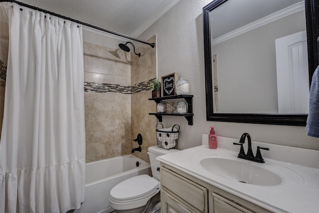 785 Crockett Dr, Lavon, TX 75166 - bathroom with shower / bath combo, vanity, ornamental molding, and a textured wall