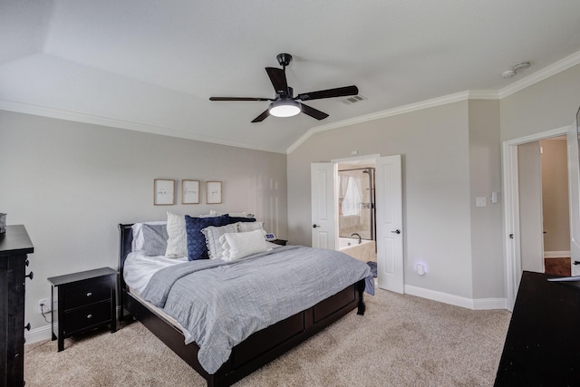 785 Crockett Dr, Lavon, TX 75166 - bedroom with light carpet, ornamental molding, vaulted ceiling, a ceiling fan, and ensuite bath